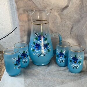 Vintage Blendo Floral Frosted  Teal Blue Handpainted Pitcher & Tumbler Set